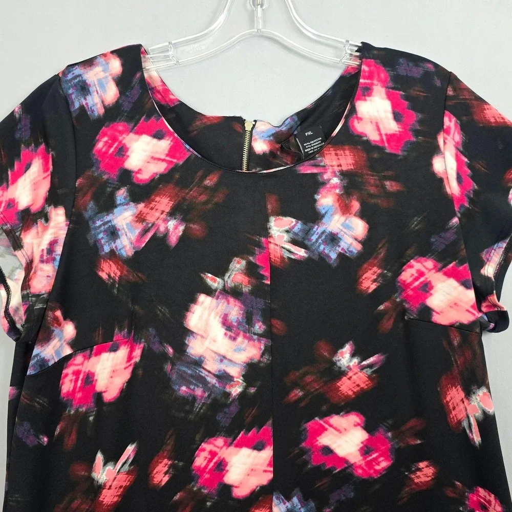 New Directions Petite‎ Short Sleeve Back Zipper Round Neck Print Black Dress PXL